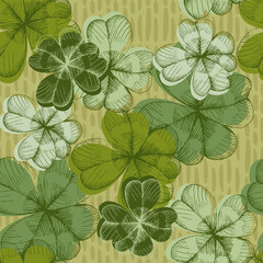 St Patrick Day. Seamless pattern with little four leaf clovers. Clover sign symbol pattern. Simple Repeatable design. Good luck symbol of Ireland