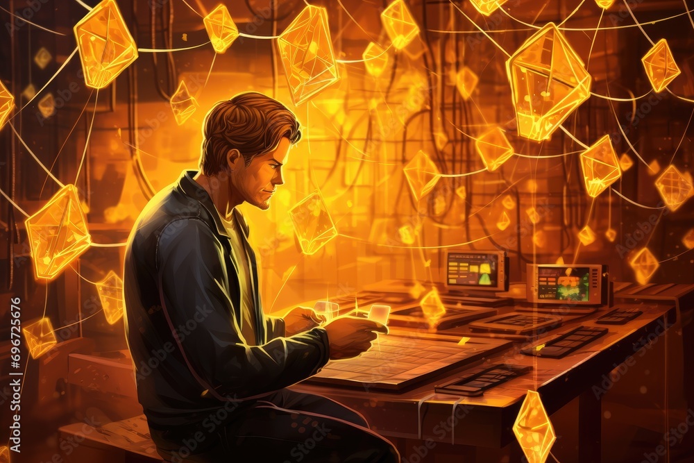 Poster young man in dark room with glowing mail envelopes and binary code, blockchain technology, ai genera