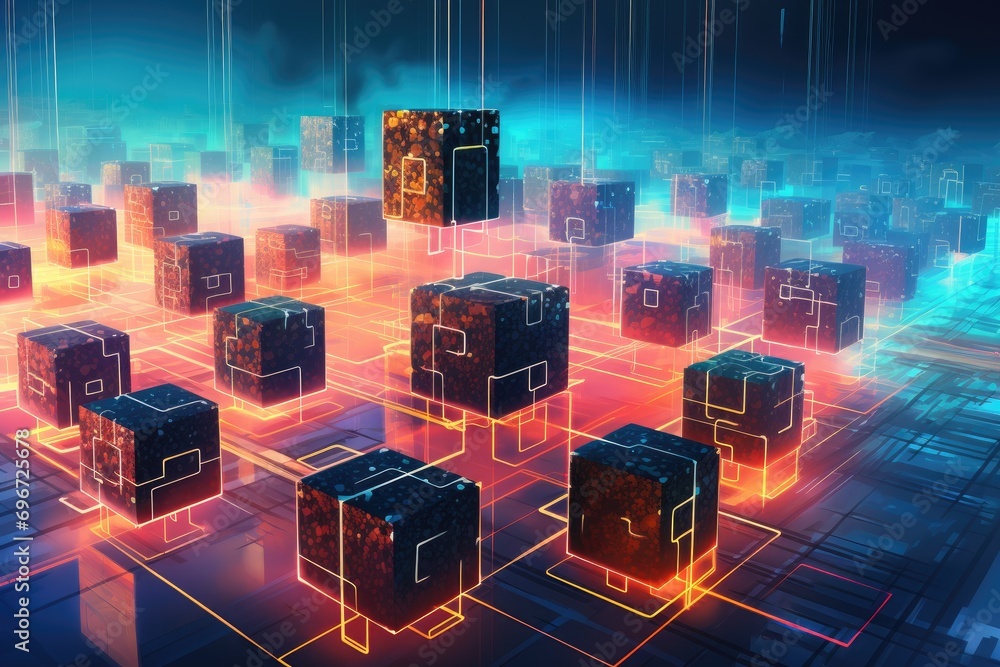 Poster abstract technological background with glowing cubes. 3d rendering, 3d illustration, blockchain tech