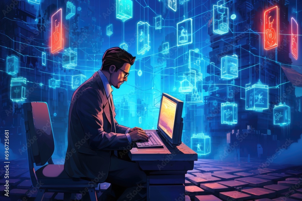 Poster handsome hacker using laptop with glowing circuit interface on the background, blockchain technology