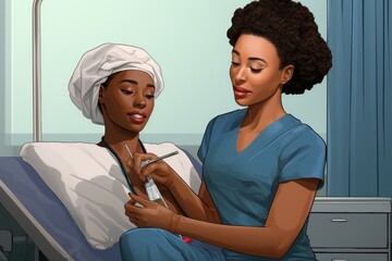 Illustration of a nurse checking blood pressure of a sick patient, Black nurse collects blood sample from female patient in exam room at medical facility, AI Generated - obrazy, fototapety, plakaty