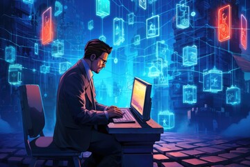 Handsome hacker using laptop with glowing circuit interface on the background, Blockchain technology, AI Generated