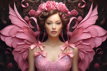Portrait of a beautiful girl in a pink dress with wings, Breast cancer awareness month in October, AI Generated