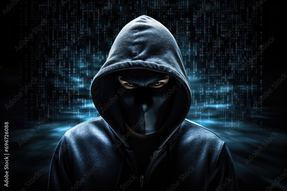 Poster hacker in hoodie with digital code, anonymous hacker, concept of cybercrime, ai generated