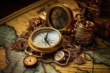 compass and map on old world map, An old compass, telescope, and coins on an antique world map, AI Generated