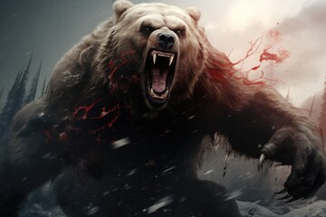 bear with the big red wolf in the forest. digital illustration, 3 d illustration, angry bear with russian flag attack the world, AI Generated
