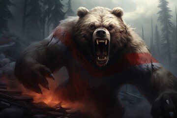 digital illustration of an american bear with a red hat and a fur, angry bear with russian flag attack the world, AI Generated - obrazy, fototapety, plakaty