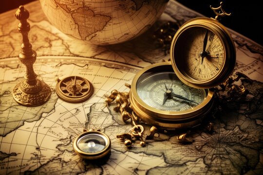 compass and map. world map and compass. compass with map, An old compass, telescope, and coins on an antique world map, AI Generated