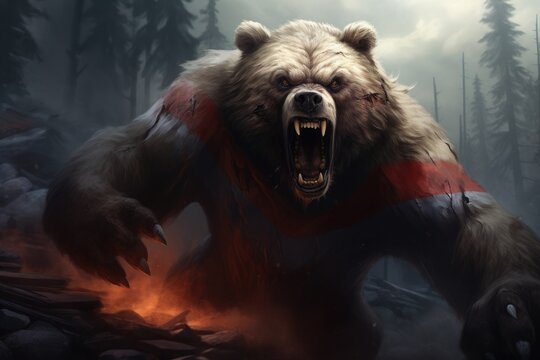 digital illustration of an american bear with a red hat and a fur, angry bear with russian flag attack the world, AI Generated