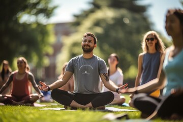 Group of people meditating in lotus position on yoga mat in park, A group of people with different physical abilities participating in a summer yoga class in a park, AI Generated