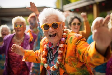 Group of seniors dancing at a music festival on a summer day, A group of seniors dressed in festive...