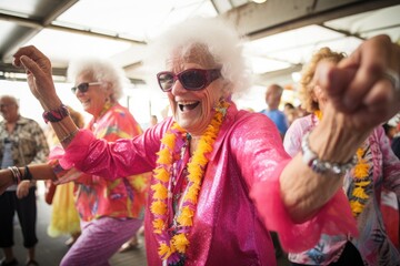 Obraz premium participants in the annual event for the protection of human rights and civil equality - Gay Pride Parade, A group of seniors dressed in festive attire, dancing and celebrating, AI Generated