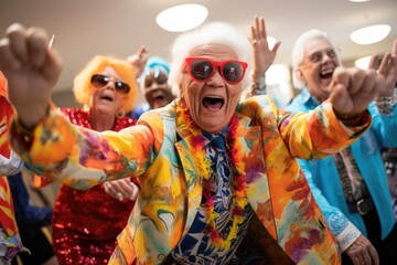 Portrait of senior people dancing at carnival in front of camera, A group of seniors dressed in...
