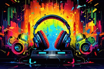 Dj mixer and headphones on colorful background. Vector illustration. Eps 10, Art music studio background with dj headphones, AI Generated