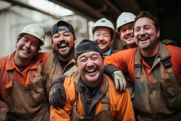 Portrait of a group of workers in a factory smiling and looking at the camera, group of smiling construction workers wearing uniforms, AI Generated - obrazy, fototapety, plakaty