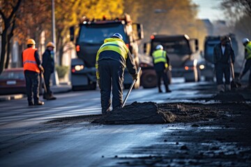 Workers on road construction site. Workers are laying new asphalt, Asphalt contractors working on road, Engineers are working on road construction, AI Generated - obrazy, fototapety, plakaty
