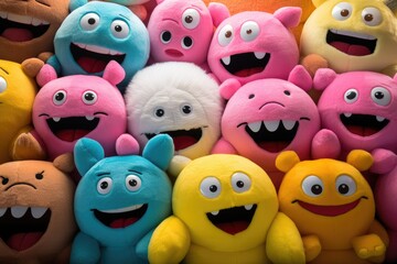 Group of colorful funny smiley faces. Close-up. Selective focus, Assortment of colorful stuffed plush toys, AI Generated