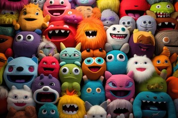 Fototapeta na wymiar Funny monsters background, closeup of a group of colorful monsters, Assortment of colorful stuffed plush toys, AI Generated