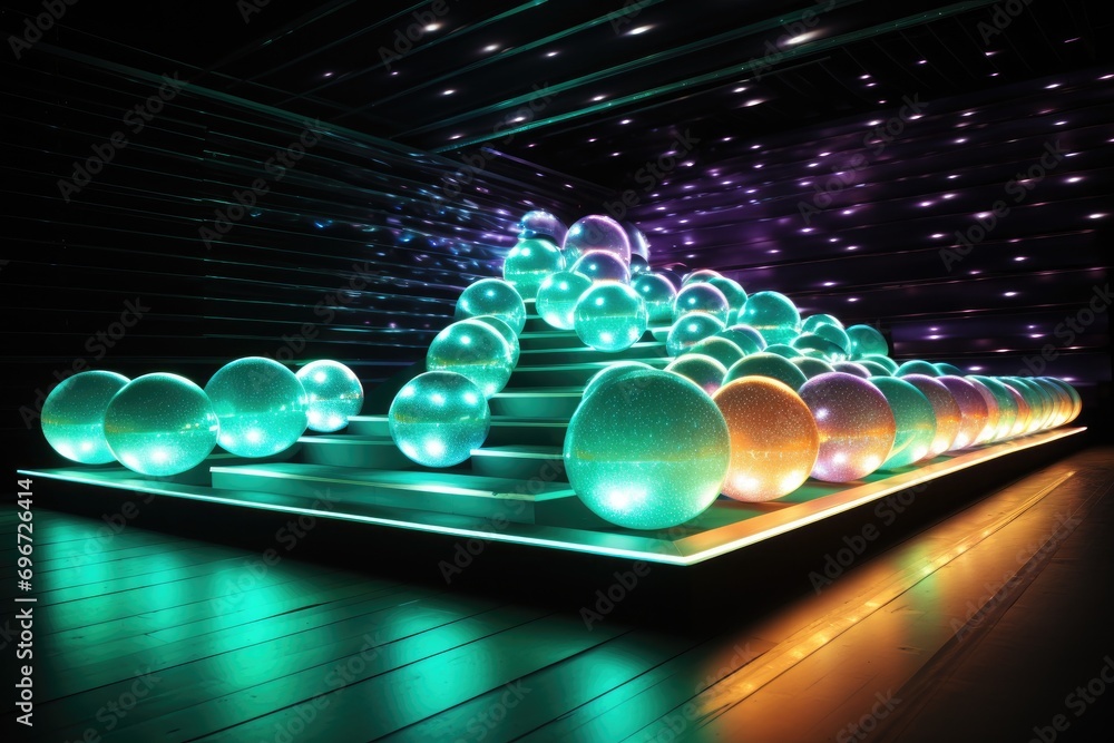 Poster abstract 3d rendering of glass balls with light rays in it, ball zone with illuminated ramps, rollin