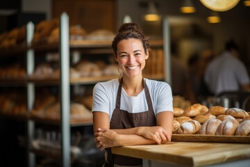 Fototapeta premium Portrait of smiling female staff standing with arms crossed in bakery shop, baker woman smiling in bakery shop with breads, AI Generated