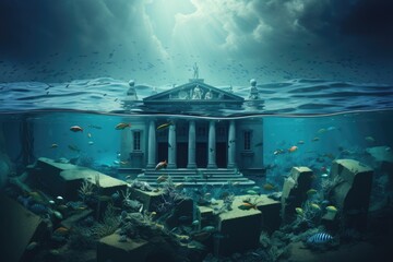 3D Illustration of an ancient Greek temple underwater with corals, Banking crisis, depiction of a bank sinking underwater, AI Generated