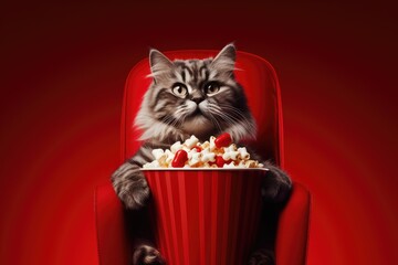 Popcorn with 3D glasses and 3D cinema glasses on red background, Banner with Cat watching 3D movie with popcorn sitting in red armchair, AI Generated