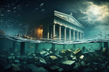 Conceptual image of a bank in a sea full of garbage, Banking crisis, depiction of a bank sinking underwater, AI Generated