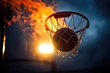 Fotobehang Basketball ball in basketball hoop with fire flames on dark background, Basketball in basket, winning shot, AI Generated © Iftikhar alam
