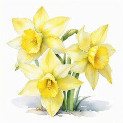 Yellow narcissus flowers isolated on white background. Watercolor illustration.