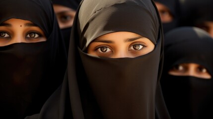 A group of women wearing black hijab. Generative AI.