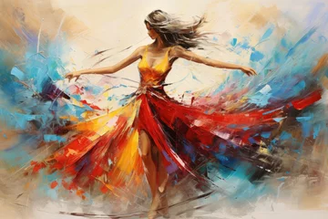 Foto op Plexiglas beautiful girl with long hair in a white dress dancing in the studio, ,Beautiful abstract dancer painting, AI Generated © Iftikhar alam