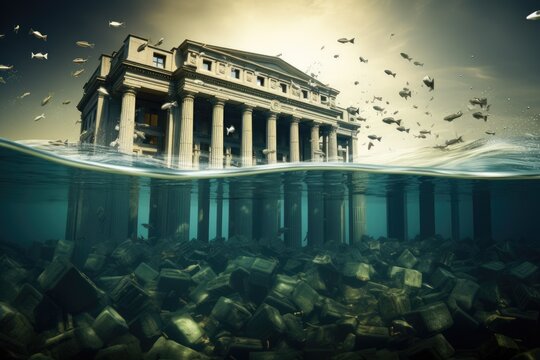 Conceptual image of Bank building sinking in water with falling money, Banking crisis, depiction of a bank sinking underwater, AI Generated