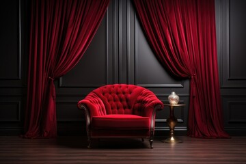 Red velvet curtains and armchair in classic interior. 3d render, Beautiful luxury classic velvet red clean interior room in classic style with velvet red soft armchair, AI Generated