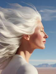 A mature woman with white hair blowing in the wind. Generative AI. - obrazy, fototapety, plakaty