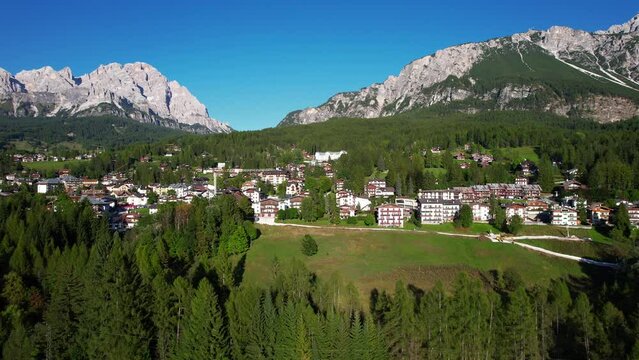 Aerial view above Cortina d'Ampezzo in the Dolomites Italy