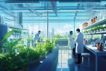 Group of scientists working in laboratory. Research and development concept. Double exposure, Biotechnology laboratory with scientists in lab coats conducting experiments, AI Generated