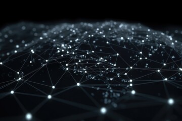 World map with glowing lines and dots on dark background. 3D rendering, Black and white global network connection on a curved world map hologram, AI Generated