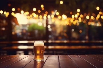Glass of beer on wooden table in pub or bar with bokeh background, Bokeh background of street bar beer restaurant, outdoor, AI Generated
