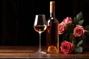 Bottle and glass of wine with roses on wooden table on dark background, Bottle and glass of rose wine, on a wooden table, AI Generated