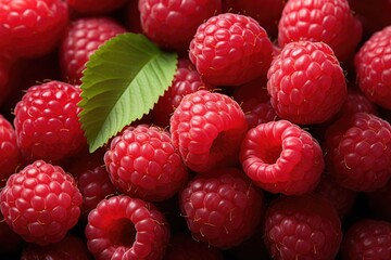 Ripe raspberries with fresh leaves on a white background, captured with cinematic lighting and...