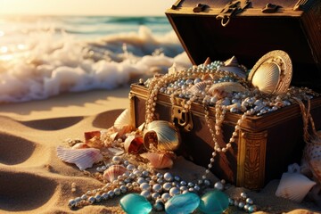 Treasure chest with jewelry on the sand near the sea. Selective focus, An open treasure chest filled with gold and jewelry on the beach, AI Generated - Powered by Adobe
