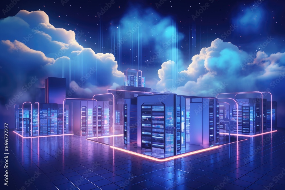 Poster server room with glowing neon lights in the night sky. concept of cloud computing. vector illustrati