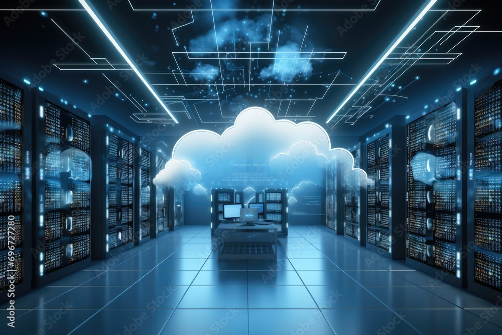 Poster Cloud computing concept with servers in data center 3D rendering toned image, Backup cloud data service center in 3D rendering, AI Generated
