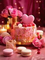 A luxurious pink cake with a heart and roses. Generative AI.