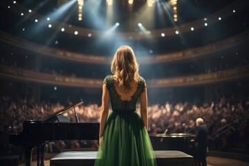 Female pianist in a green dress standing in front of the concert hall, Back view of a girl in a green evening dress set against the backdrop of a concert hall, AI Generated