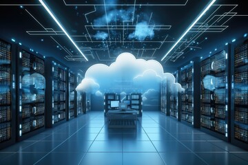 Cloud computing concept with servers in data center 3D rendering toned image, Backup cloud data service center in 3D rendering, AI Generated - Powered by Adobe