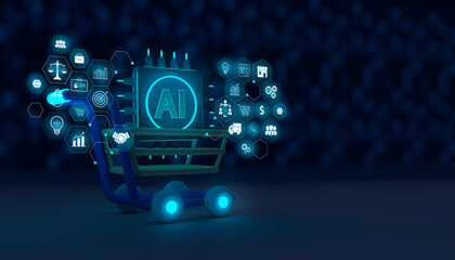 Marketing concept with the use of artificial intelligence, AI business development system. Shopping cart with AI chip and marketing icons. Shopping cart with depth of field and space for text - obrazy, fototapety, plakaty