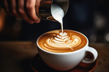 Coffee latte art on the wooden table in coffee shop, Barista pouring milk into a cup of latte art coffee, A close-up shot of a coffee cup held by a barista's hand while pouring coffee, AI Generated