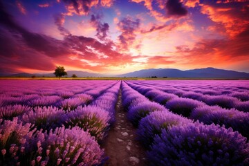Obraz premium Beautiful sunset over lavender field in Provence, France, Beautiful lavender field landscape view at sunset, AI Generated