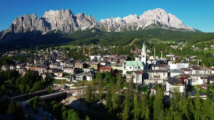 Aerial view above Cortina d'Ampezzo in the Dolomites Italy